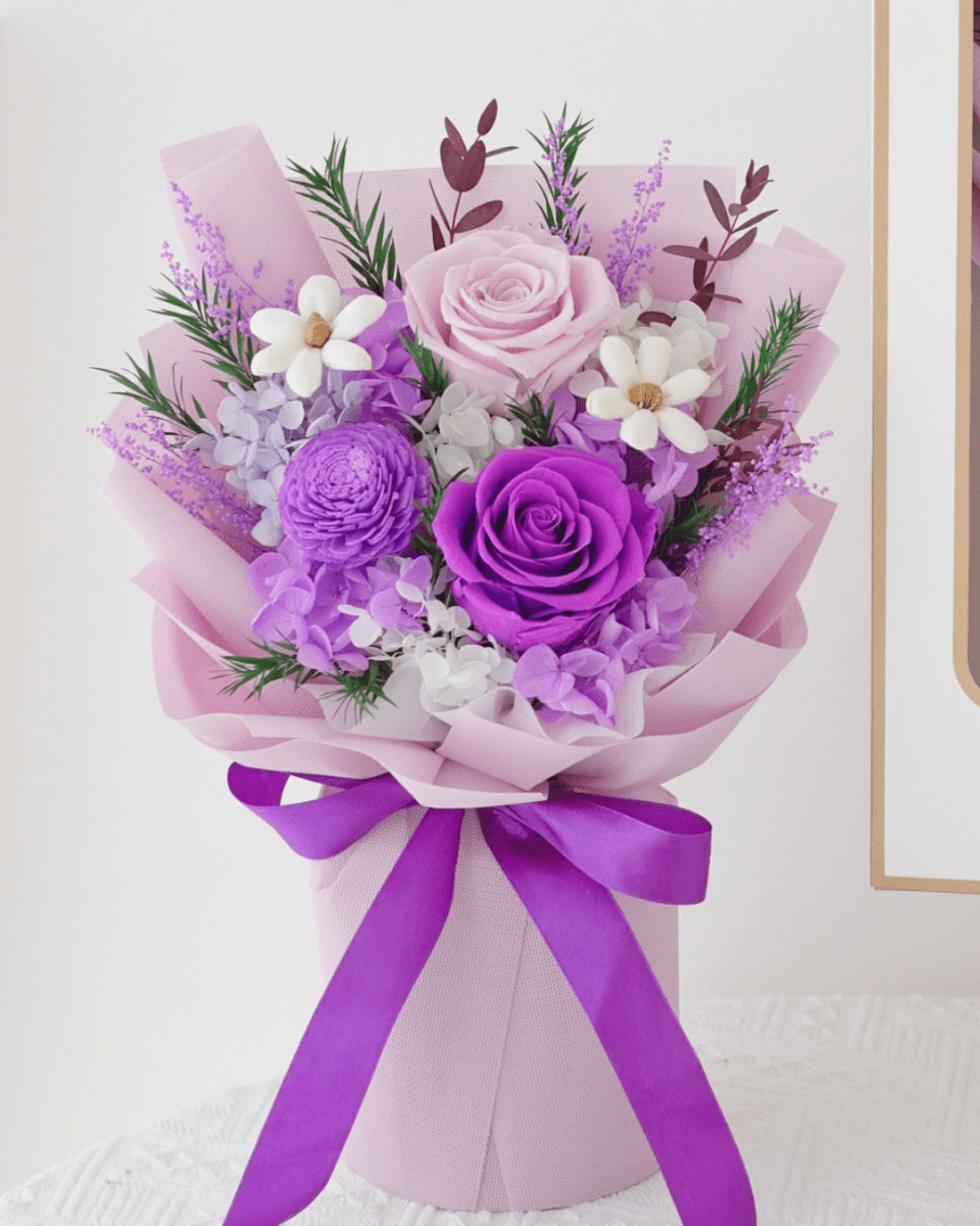 Valentine's Day Mixed 3 Roses Bouquet - Flowers - Purple - Preserved Flowers & Fresh Flower Florist Gift Store